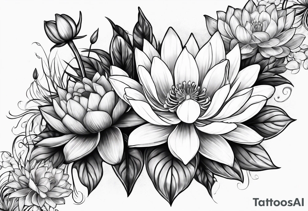 Larkspur and water lily bouquet with stems tattoo idea