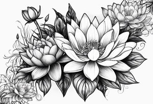 Larkspur and water lily bouquet with stems tattoo idea
