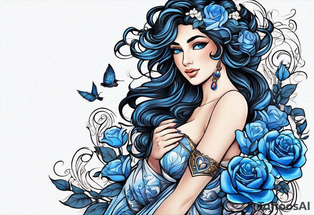 Aphrodite is the goddess of love, with a seaside background, surrounded by birds.. blue roses frames, background blue,present it in a tattoo, black hair, love motives tattoo idea