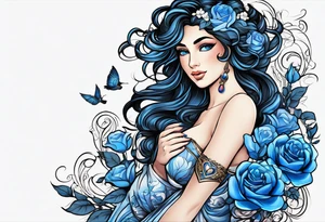 Aphrodite is the goddess of love, with a seaside background, surrounded by birds.. blue roses frames, background blue,present it in a tattoo, black hair, love motives tattoo idea