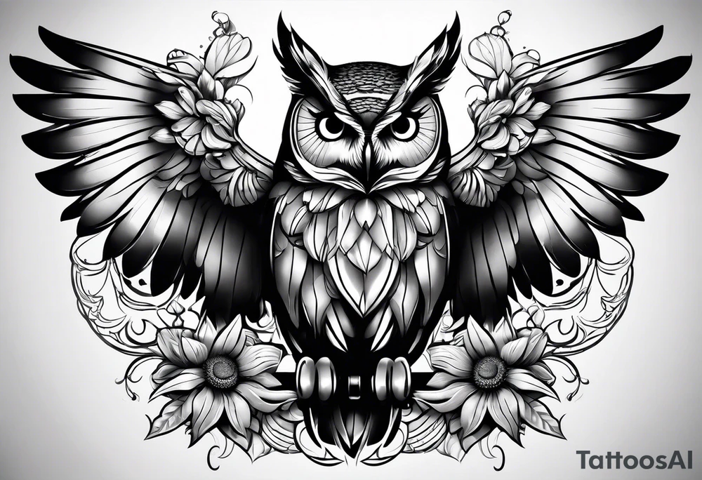 Sleeve with an owl, sunflower and butterfly tattoo idea