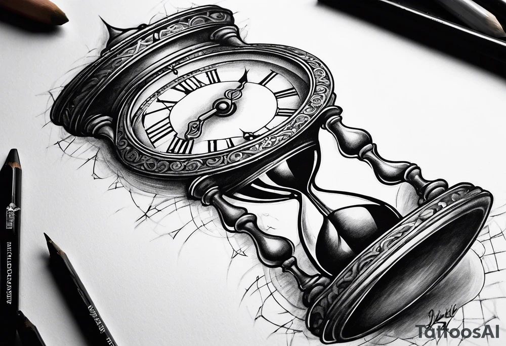 draw a clock/hourglass. They are surrounded by Roman numerals. It is a black and white tattoo for the right shoulder of a man tattoo idea