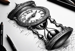 draw a clock/hourglass. They are surrounded by Roman numerals. It is a black and white tattoo for the right shoulder of a man tattoo idea