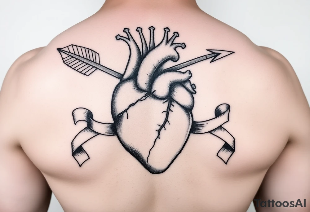 anatomical heart pierced by ornate arrow with flowing ribbons tattoo idea