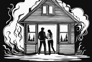 two people slow dancing in a burning room but the outside of the house is burning and you can only see them through a small window tattoo idea