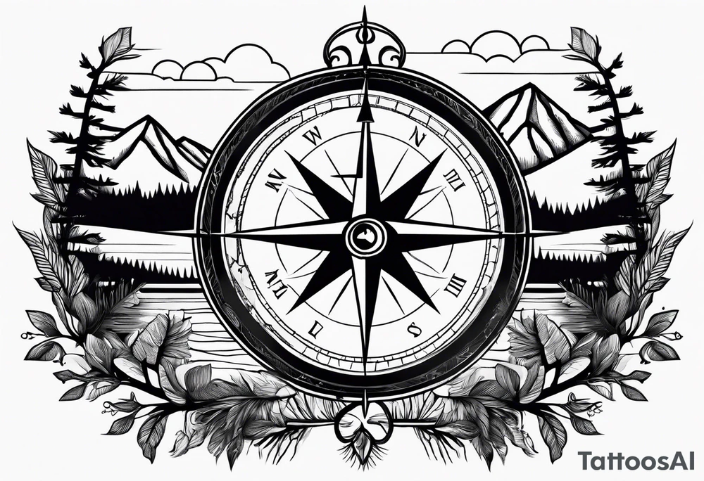 compass with mountains, trees, tavel inspired tattoo idea