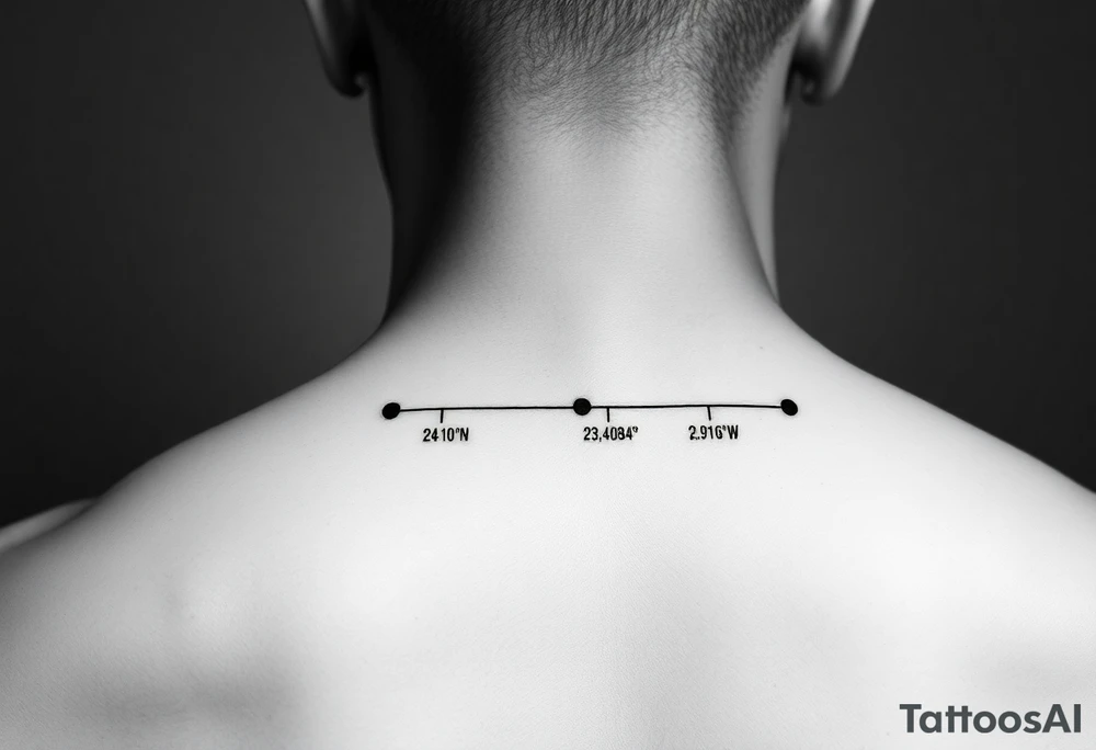 Style: minimalist fine-line  
Layout: horizontal timeline  
Elements:  
- 2 timeline dots  
- Coordinates: "24°10′N, 20°16′E" and "53.4084°N, 2.9916°W" under each dot  
- Small circle markers above each  
- Below line: Morse code — ● — ● ● — ● — ● — — — ● — ● ● ● ● — ● — tattoo idea