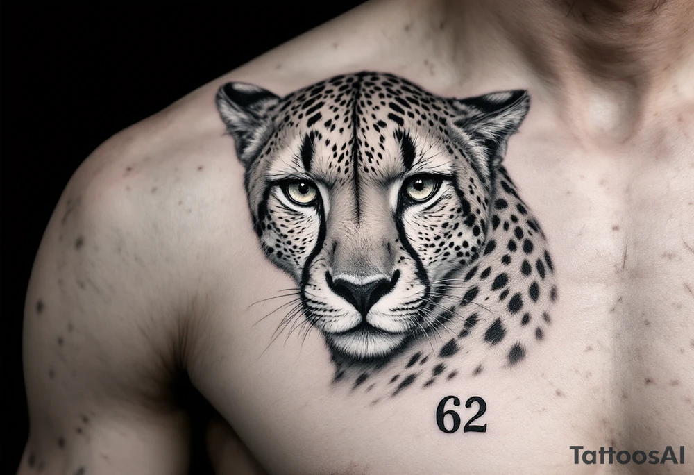 realistic cheetah with the number 62 on the chest tattoo idea