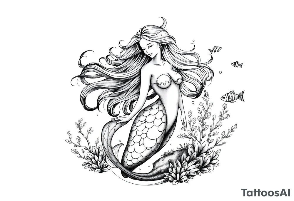 ethereal mermaid with flowing hair among coral reef and small fish tattoo idea