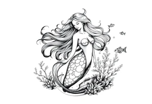 ethereal mermaid with flowing hair among coral reef and small fish tattoo idea