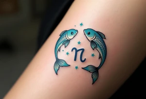 In this tattoo, a gradient of sea-green and teal forms the Pisces stars with the zodiac glyph in matching hues. tattoo idea