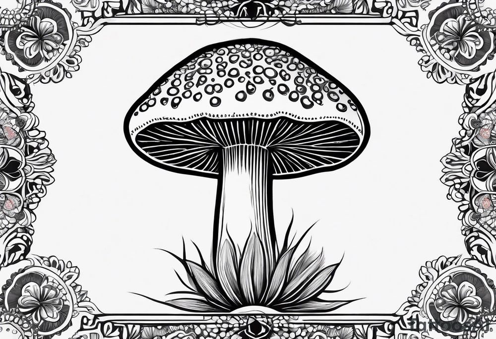 Large Shaggy cap mushroom dripping ink off cap with 4 smaller mushrooms around it mandala henna black tattoo design tattoo idea