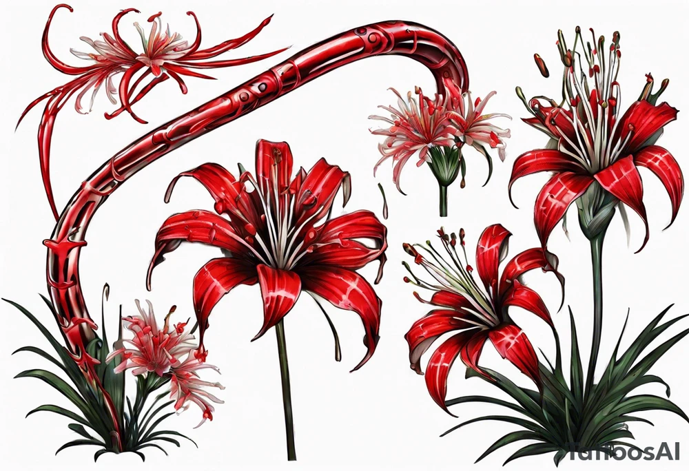 Red spiked spider lily a snake wrappes around the stem of the flower. tattoo idea