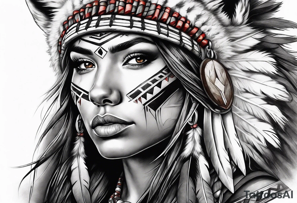 Female Native American warrior with wolf head hat tattoo idea