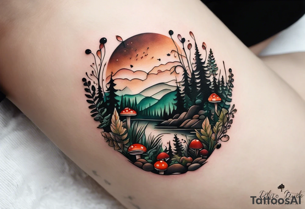 minimalistic forest floor inspired tattoo, which includes grass, moss, curly ferns and dead leaves as the bulk of the tattoo. details to include: forest berries, couple of very small brown mushrooms, a tiny bumblebee flying nearby tattoo idea