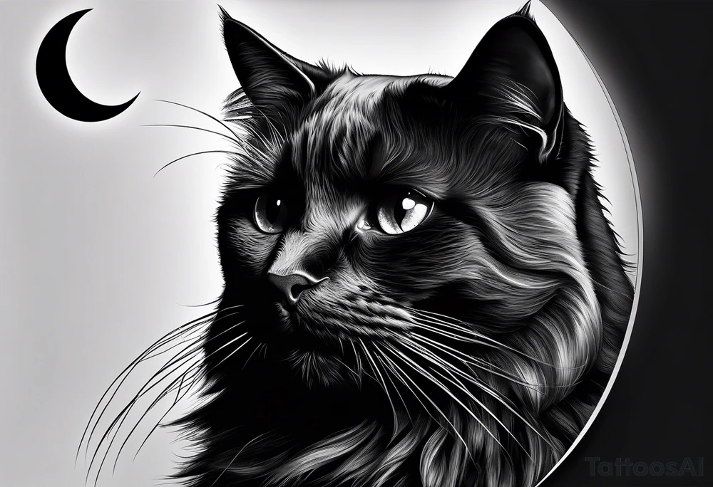 Photo realistic black cat head only facing forward add crescent moon to the left of the cat tattoo idea