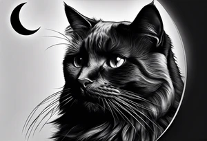 Photo realistic black cat head only facing forward add crescent moon to the left of the cat tattoo idea