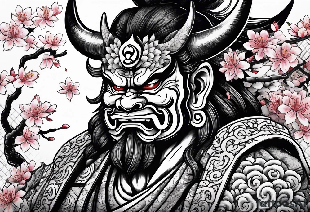 japanese oni with cherry blossom trees in the back round and japanese traditional tattoos. tattoo idea