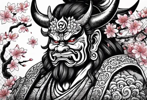 japanese oni with cherry blossom trees in the back round and japanese traditional tattoos. tattoo idea