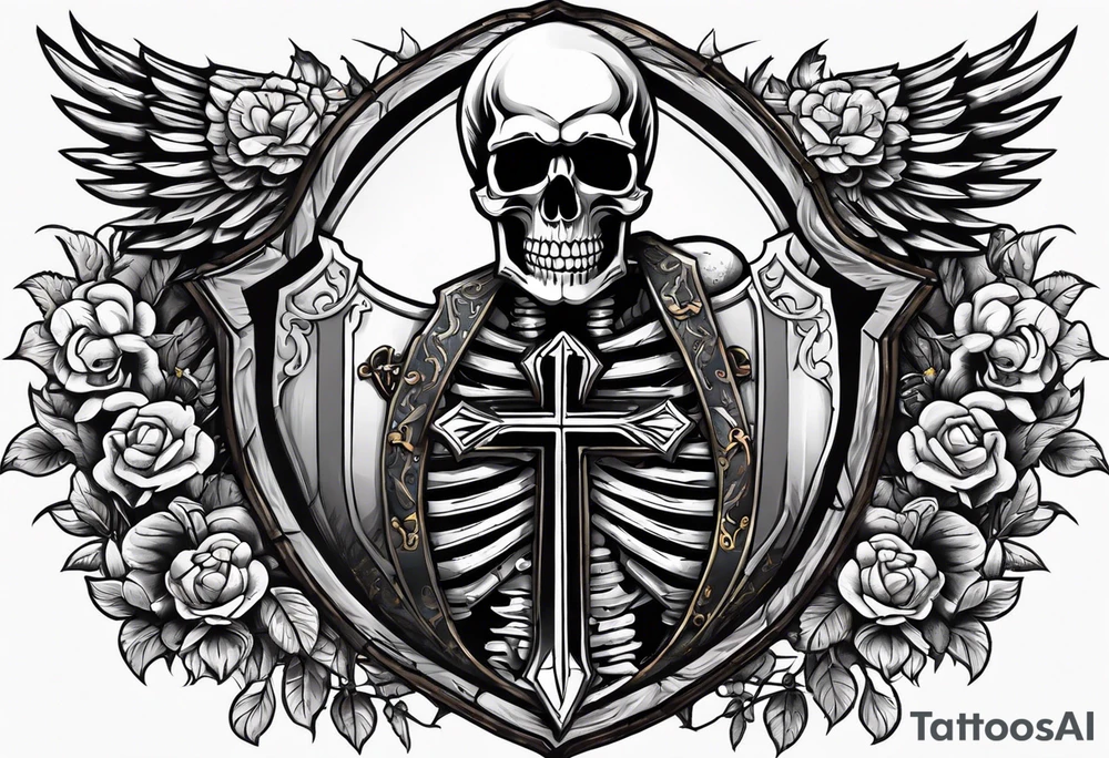 skeleton holding a shield with a cross on it tattoo idea