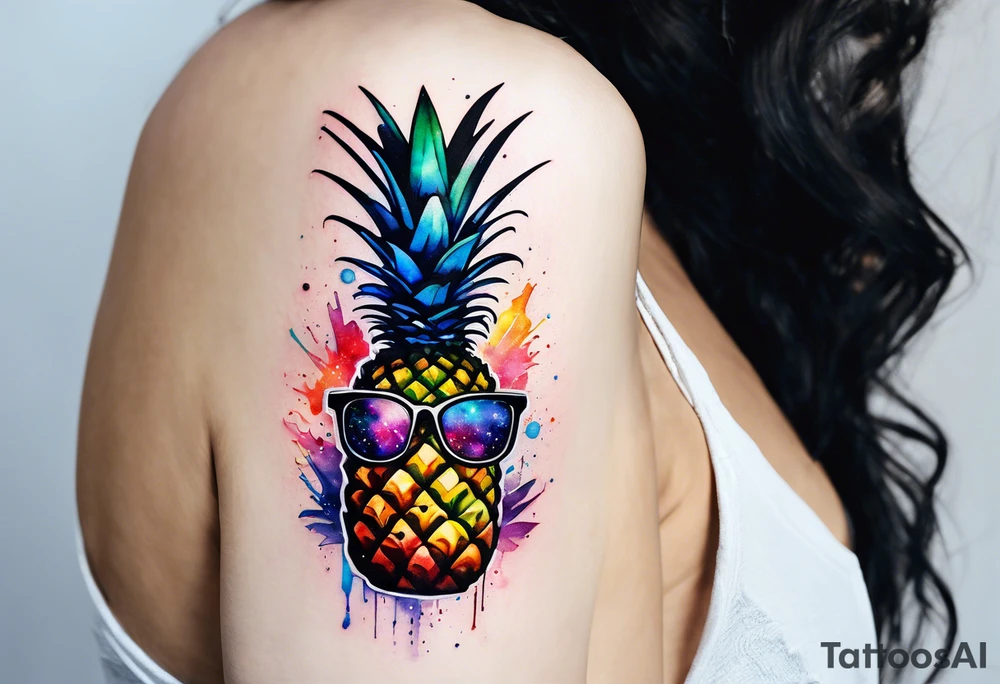 Broken glass watercolour tattoo, stag in shape of pineapple, Amsterdam, Amsterdam buildings, Amsterdam canal, space colours, galaxy colours, pineapples tattoo idea