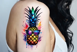 Broken glass watercolour tattoo, stag in shape of pineapple, Amsterdam, Amsterdam buildings, Amsterdam canal, space colours, galaxy colours, pineapples tattoo idea