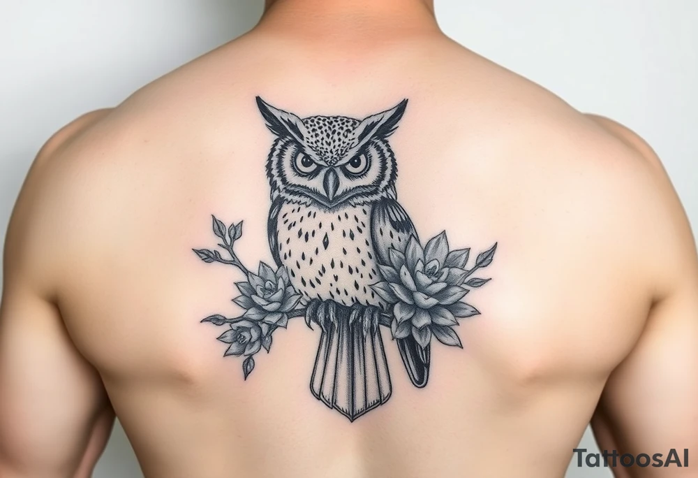 Owl with Succulents tattoo idea