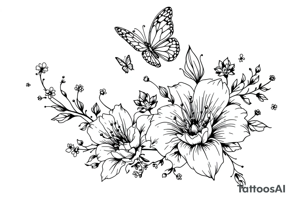 A delicate and highly detailed tattoo design featuring elegant flowers and two butterflies, symbolizing family, love, and the bond between a mother and her children. The flowers, such as lilies or peonies, represent protection, beauty, and unconditional love. Two butterflies gracefully flying around the flowers symbolize the children, Zackary and Charlie, representing their growth and freedom. Their names should be subtly integrated into the design, either along the stems of the flowers, within the butterfly wings, or in an elegant script flowing naturally with the composition. tattoo idea