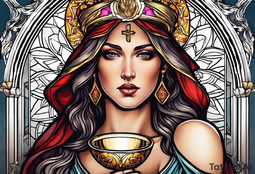 holy saint woman with halo holding a chalice tattoo idea