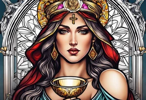 holy saint woman with halo holding a chalice tattoo idea