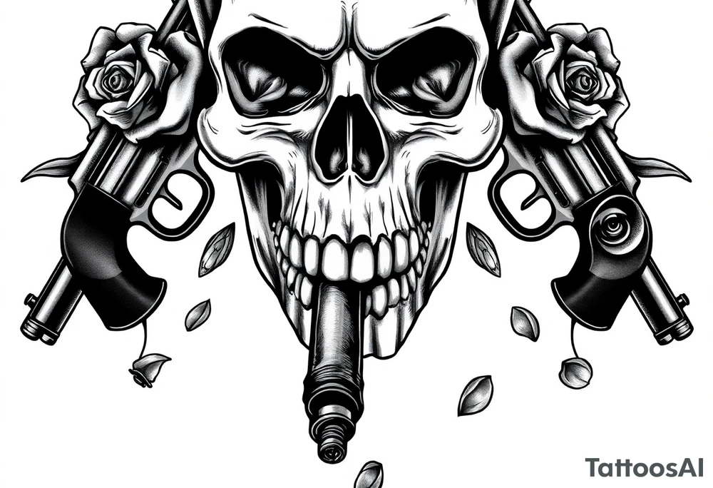 Close-up skull profile, cigar burning, vintage revolvers flanking, rose petals falling. tattoo idea