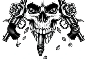 Close-up skull profile, cigar burning, vintage revolvers flanking, rose petals falling. tattoo idea