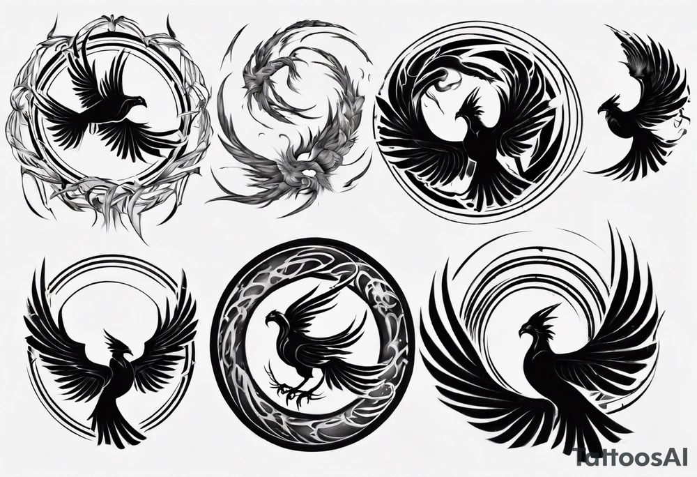 Phoenix rising blending in circles tattoo idea