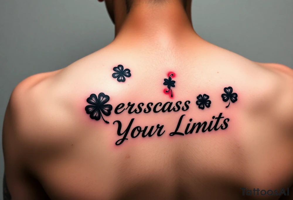 Black 5 leaf clovers ( with red aura ) surrounding the words “ Surpass Your Limits” forearm tattoo inspired by Black Clover anime tattoo idea