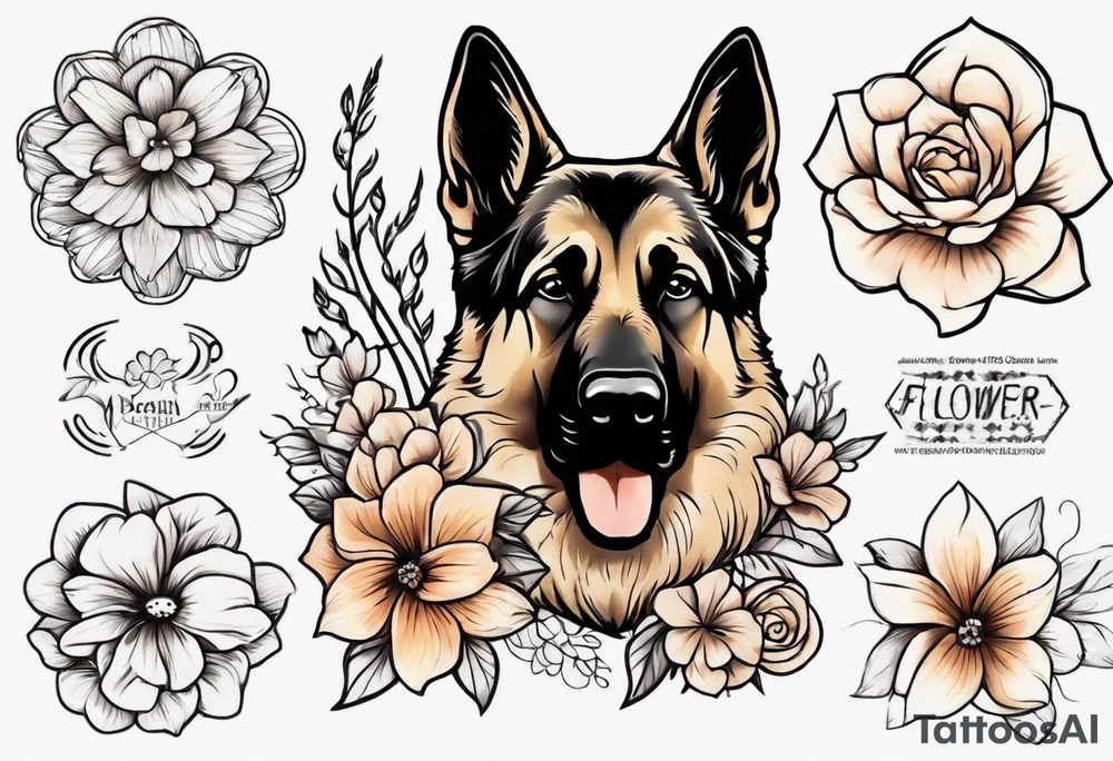 German Shepherd on a flower background tattoo idea