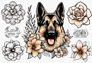 German Shepherd on a flower background tattoo idea
