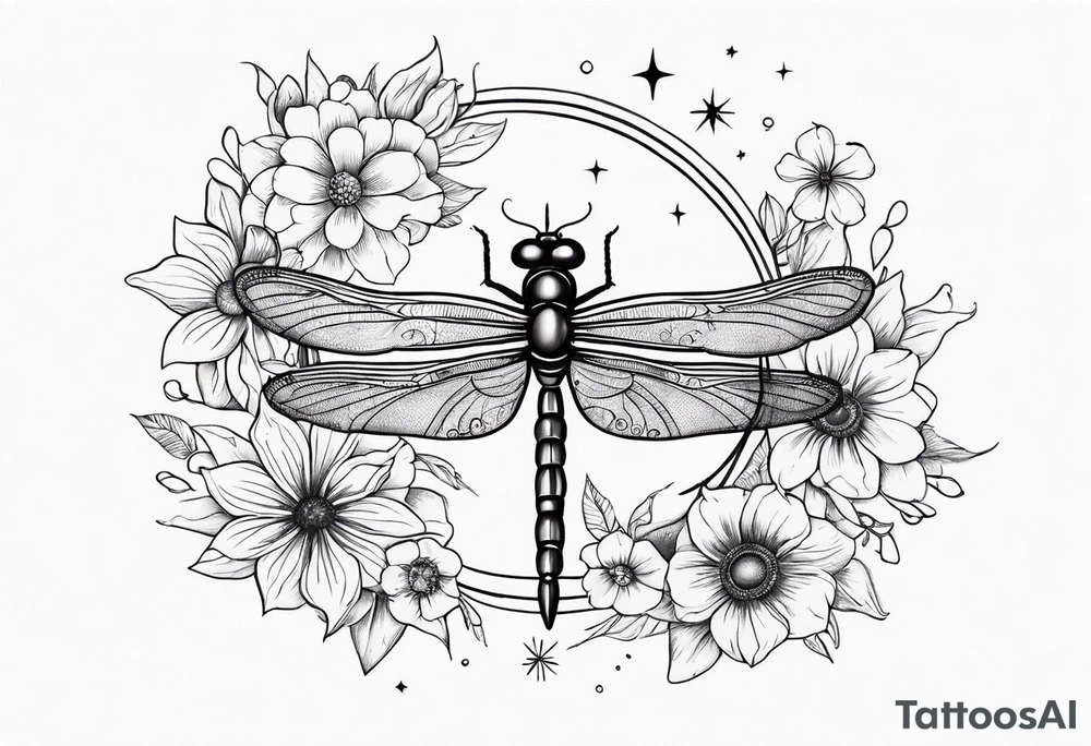 sun and moon together, dragonfly, something that covers the upper part of the arm, with some flowers and stars tattoo idea