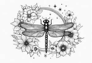 sun and moon together, dragonfly, something that covers the upper part of the arm, with some flowers and stars tattoo idea