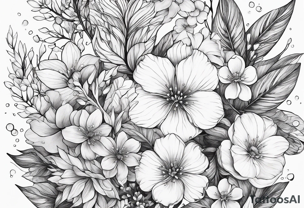 “Generate a subtle botanical tattoo with soft, flowing lines, showcasing tiny flowers and leaves arranged in a delicate pattern tattoo idea