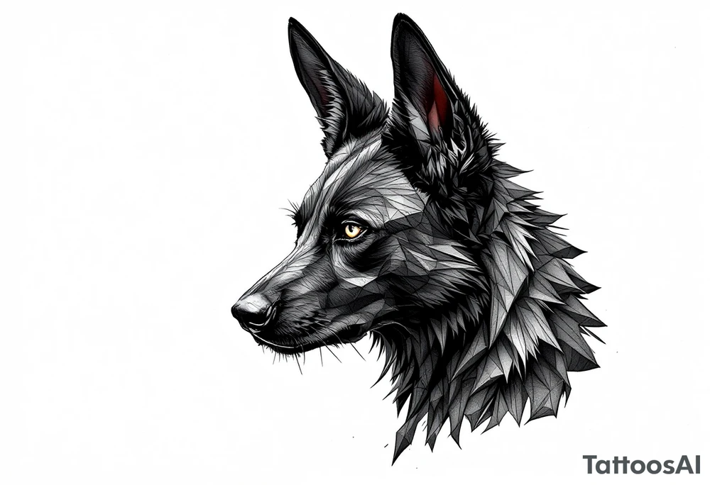 a creature that looks strongly like a combination of Anubis, a black Labrador and a black German Shepard, with the tall pointy ears of a jackal, looking back, serious and daring tattoo idea