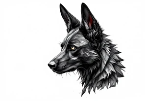 a creature that looks strongly like a combination of Anubis, a black Labrador and a black German Shepard, with the tall pointy ears of a jackal, looking back, serious and daring tattoo idea