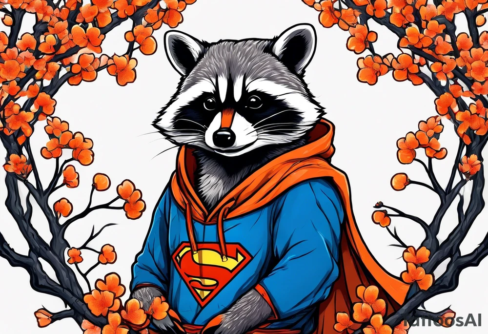 raccoon wearing a Superman hoodie with orange Japanese cherry blossoms tattoo idea