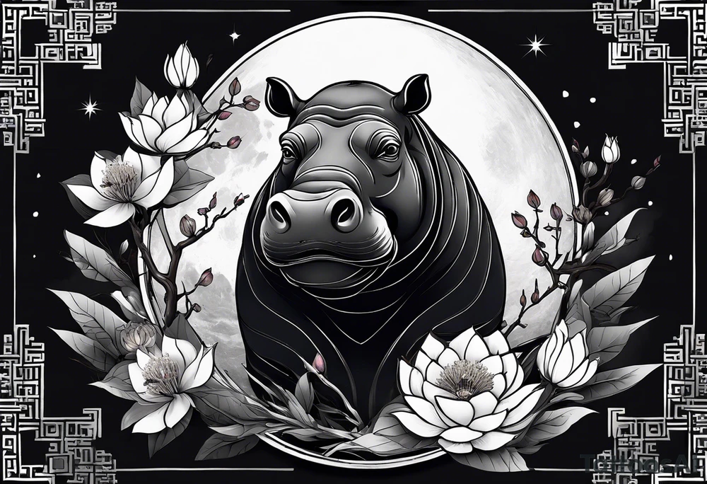 Very asymmetrical, +geometric pattern, with realistic full moon, with serious looking hippo, +zen feel, + Buddhism touch, +tribal, +geometric, +chinese inkart 
with wintersweet flower bud, +portrait orientation, +inkart touch, tattoo idea