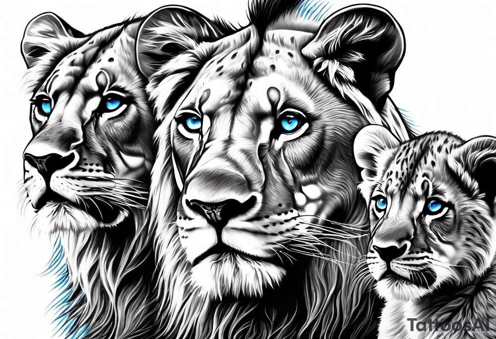 Male father lion with blue eyes. Two male cub lions one with blue eyes and the other brown. Father lion protecting cub lions. tattoo idea