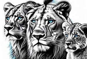 Male father lion with blue eyes. Two male cub lions one with blue eyes and the other brown. Father lion protecting cub lions. tattoo idea