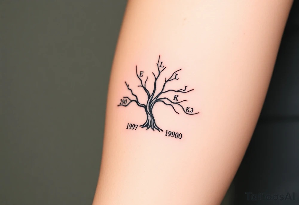 Design 2: Family Tree with Initials and Birth Years
Concept: A minimalist family tree with initials and birth years, symbolizing family lineage and connection.
Placement: Above the arm crease, as requested.
Style: Black ink, simple lines, and a clean design.
Layout:
1957 <3
.................
1980 1989 1998 2000
L E K J tattoo idea