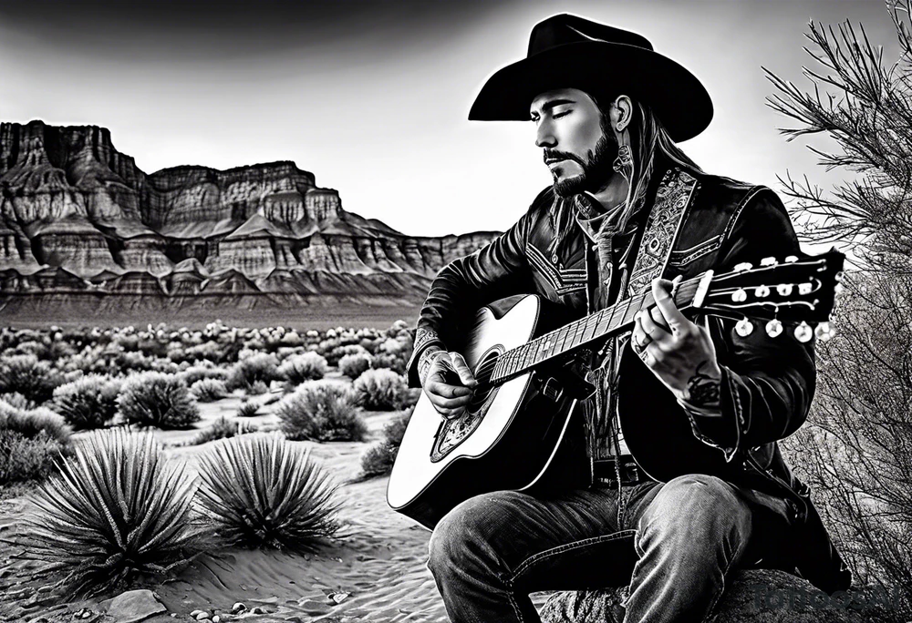 Acoustic Guitar cowboy by a campfire with a desert tattoo idea
