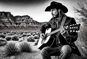 Acoustic Guitar cowboy by a campfire with a desert tattoo idea