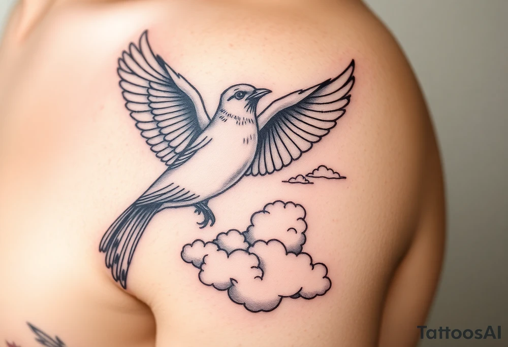 Dove and a blue jay, clouds, shining light to or from heaven tattoo idea