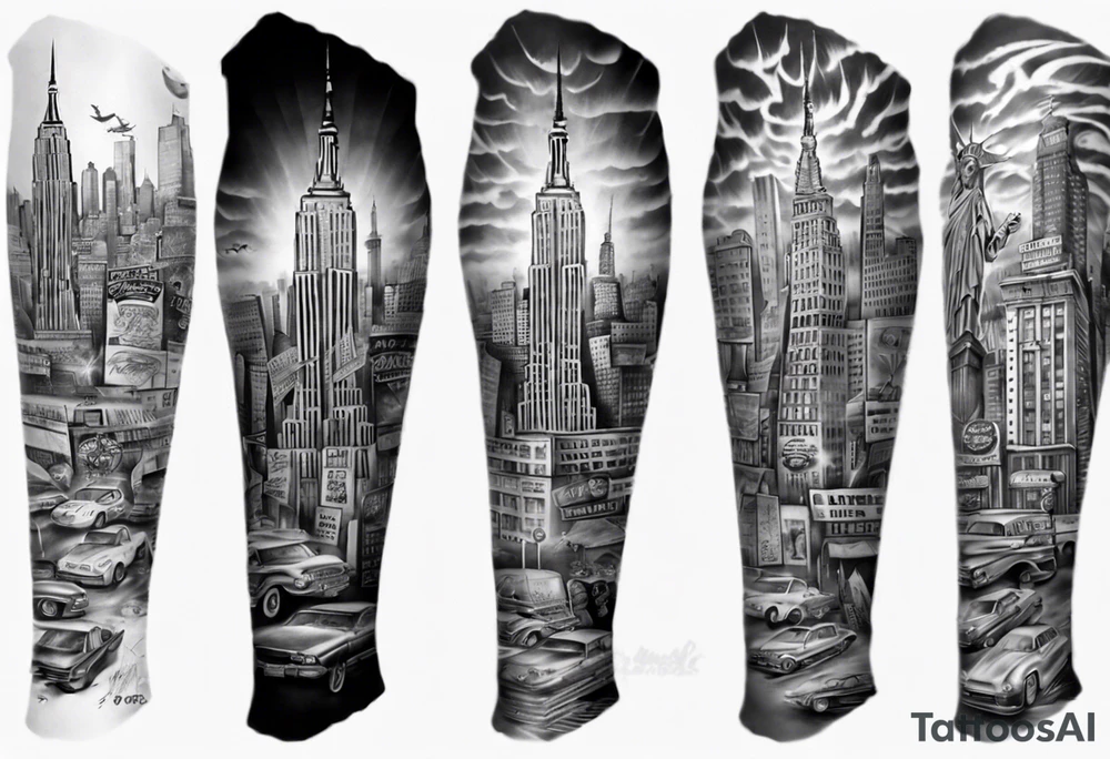 full arm sleeve tattoo based on new york city tattoo idea